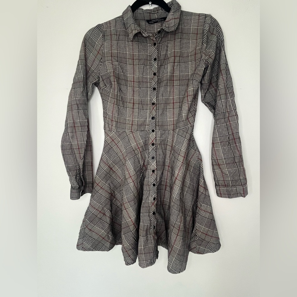 Zara Plaid Long Sleeve Shirt Dress in Black, Gray and Red